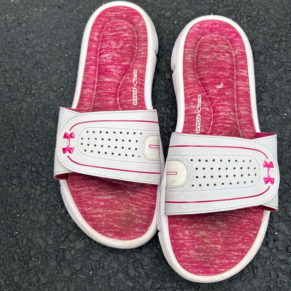 Under Armour White and Pink Slide Sandals